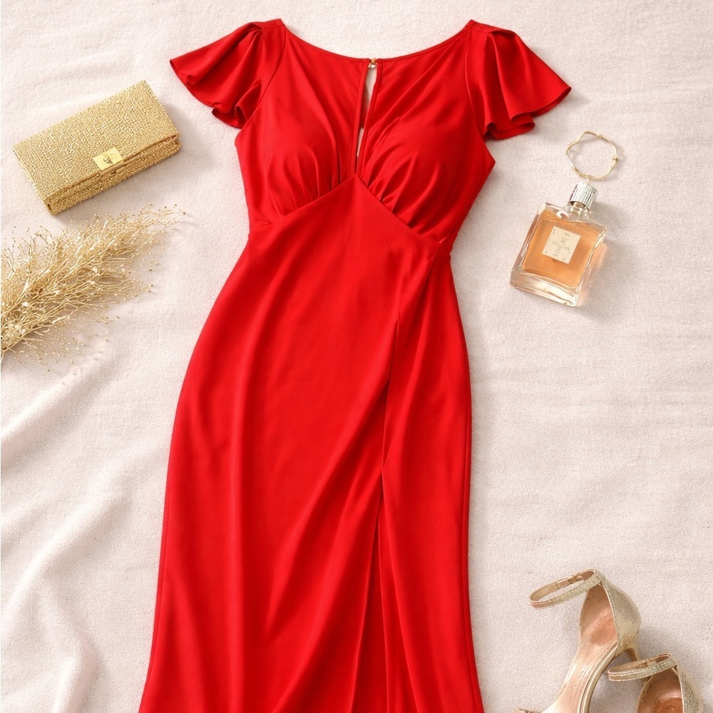 Red Satin Maxi Dress Flutter Sleeve The Occasion Old Navy M Tall Wedding Guest